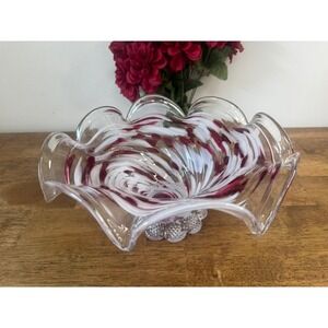 Vintage Murano Style Art Glass Bowl Red White Swirl Ruffled Pedestal Centrepiece